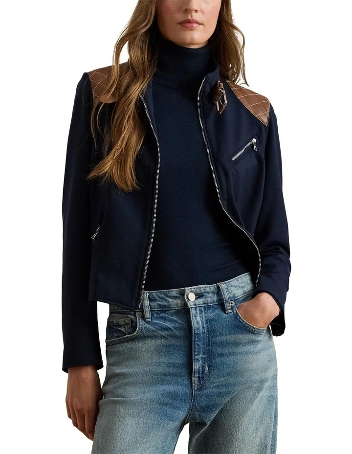 Faux-Leather-Trim Ponte Moto Jacket in Blue image 1