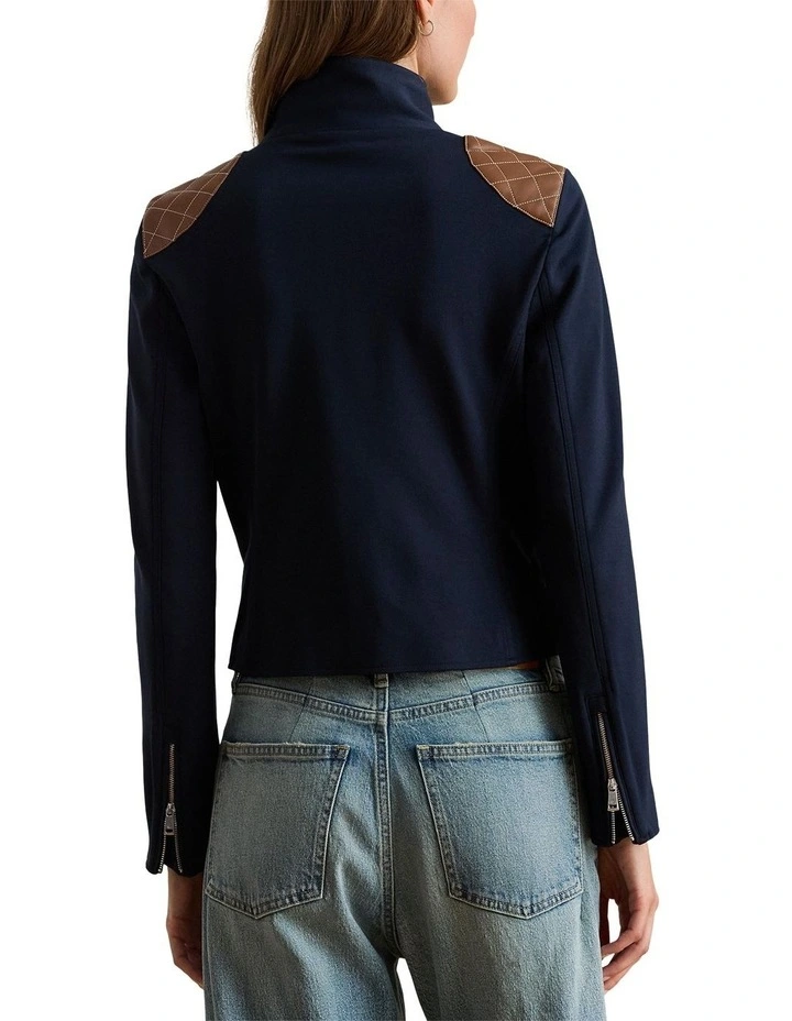 Faux-Leather-Trim Ponte Moto Jacket in Blue image 2