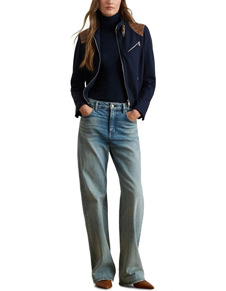 Faux-Leather-Trim Ponte Moto Jacket in Blue image 3