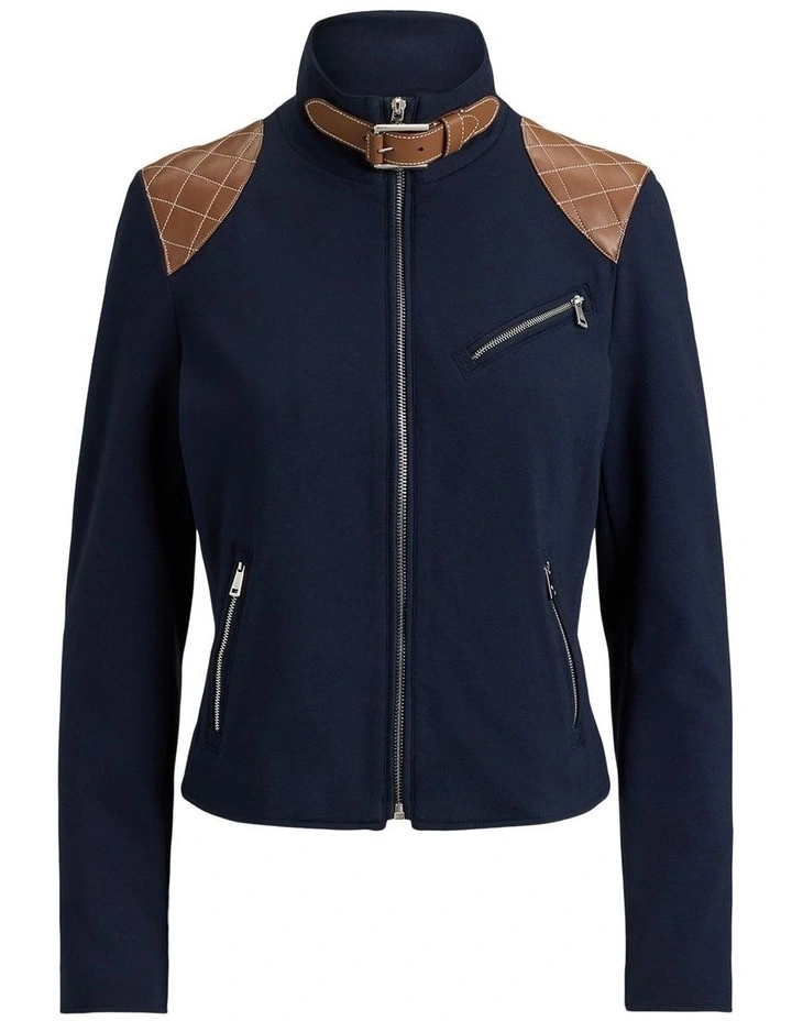 Faux-Leather-Trim Ponte Moto Jacket in Blue image 4