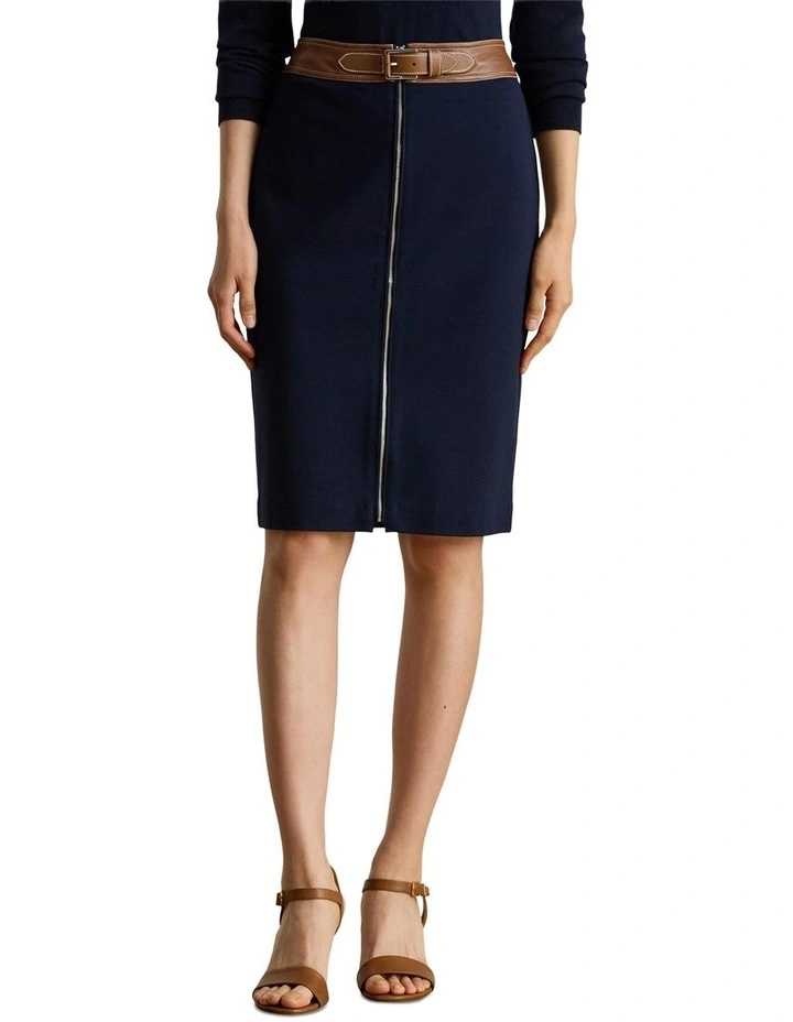Faux Leather Trim Ponte Pencil Skirt in Blue image 1