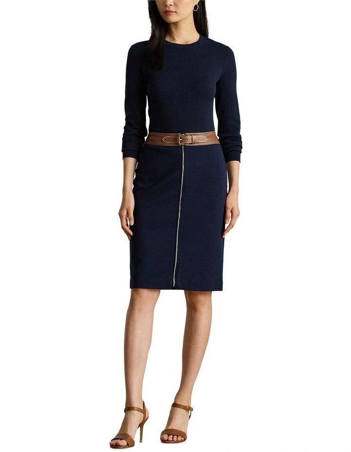 Faux Leather Trim Ponte Pencil Skirt in Blue image 3
