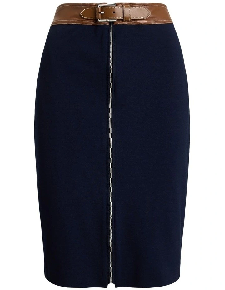 Faux Leather Trim Ponte Pencil Skirt in Blue image 4