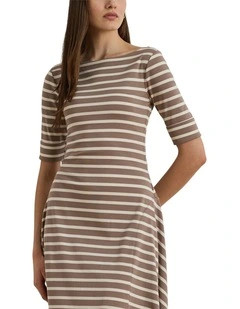 Striped Stretch Cotton Midi Dress in Brown