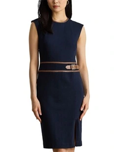 Buckle Trim Herringbone Cap Sleeve Dress in Blue