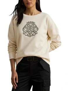 Beaded Crest Fleece Pullover in Beige