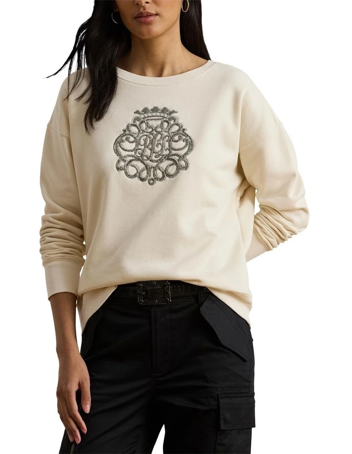 Beaded Crest Fleece Pullover in Beige image 1