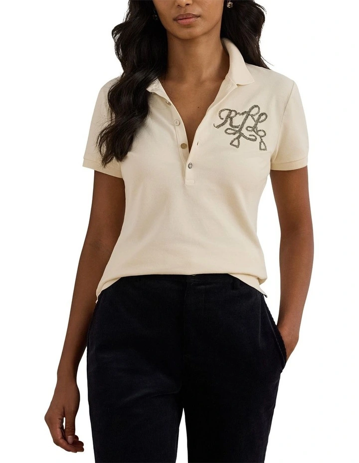 Beaded-Logo Cotton Pique Polo Shirt in Cream image 1