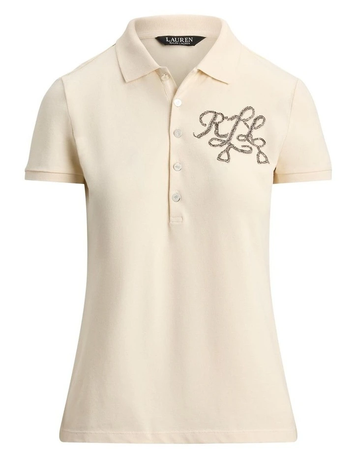 Beaded-Logo Cotton Pique Polo Shirt in Cream image 4