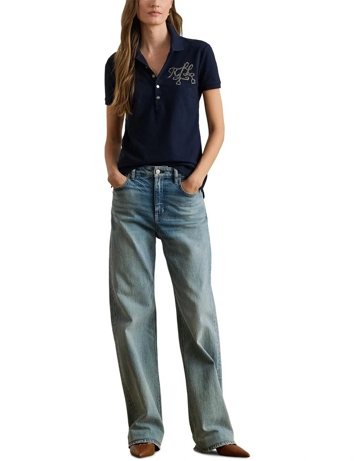 Beaded-Logo Cotton Pique Polo Shirt in Blue image 3