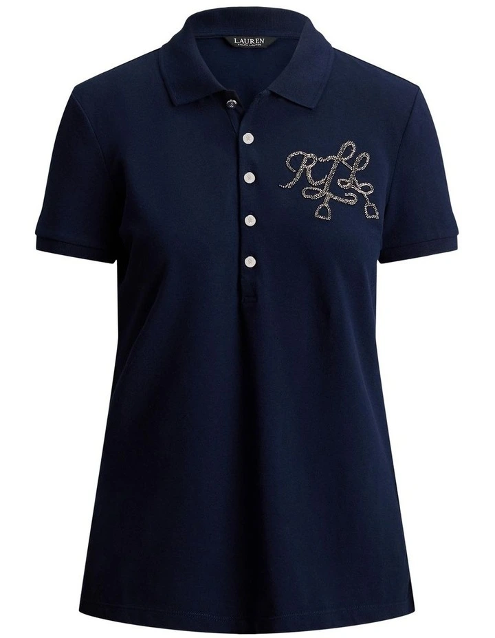 Beaded-Logo Cotton Pique Polo Shirt in Blue image 4