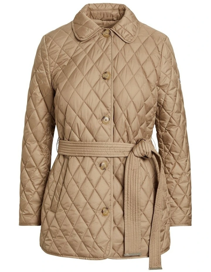 Belted Diamond-Quilted Coat in Beige image 1