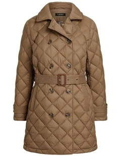 Diamond-Quilted Down Trench Coat in Brown