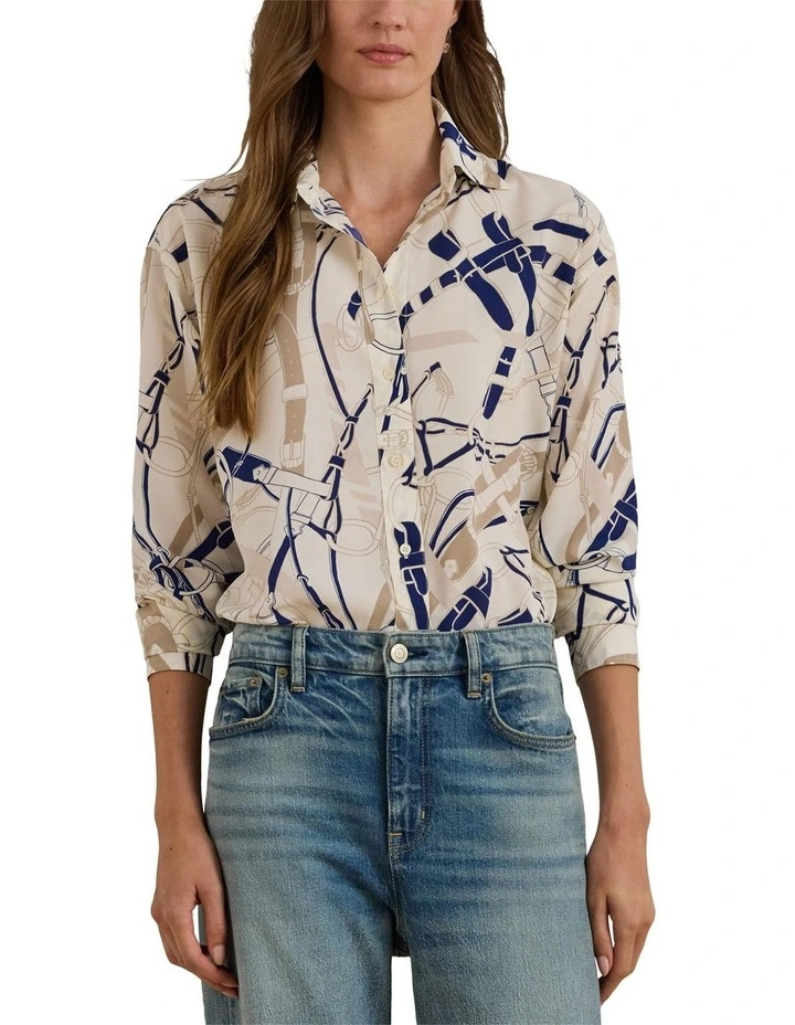 Relaxed Fit Belting-Print Crepe Shirt in Natural image 1