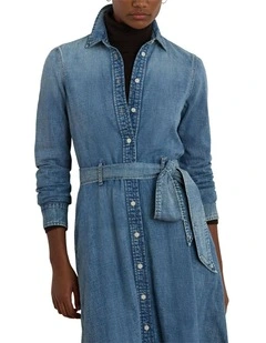 Belted Denim Shirtdress in Navy