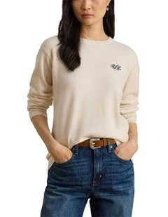 Embroidered Cashmere Crewneck Sweater in Cream