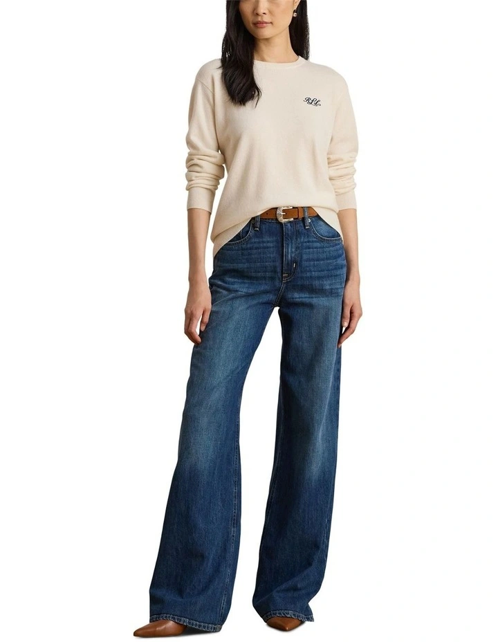 Embroidered Cashmere Crewneck Sweater in Cream image 3