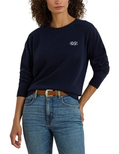 Embroidered Cashmere Crewneck Sweater in Navy