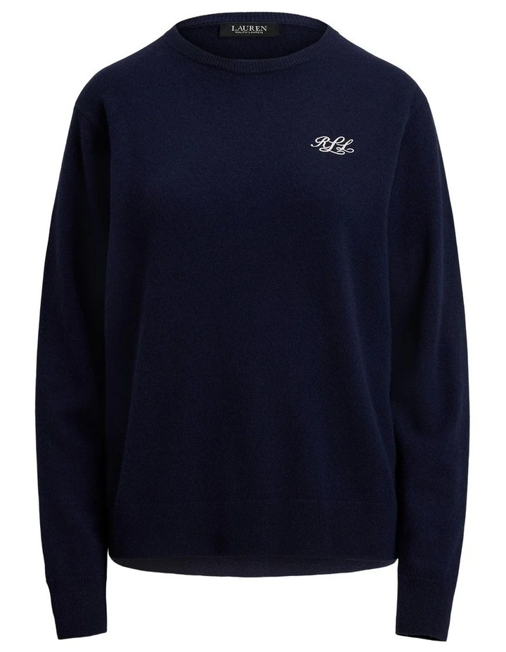 Embroidered Cashmere Crewneck Sweater in Navy image 4