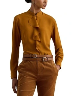 Ruffle-Trimmed Georgette Tunic in Brown