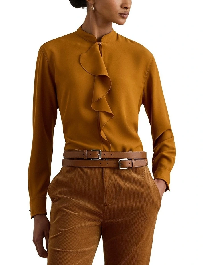 Ruffle-Trimmed Georgette Tunic in Brown image 1