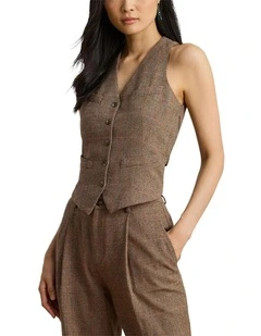 Glen Plaid Wool-Blend Vest in Brown