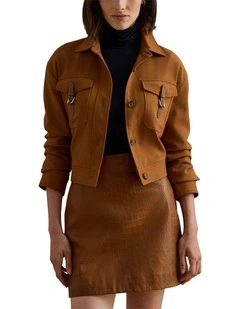 Buckle-Trim Serge Cropped Jacket in Brown