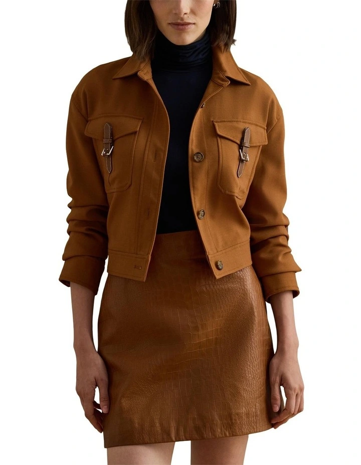 Buckle-Trim Serge Cropped Jacket in Brown image 1