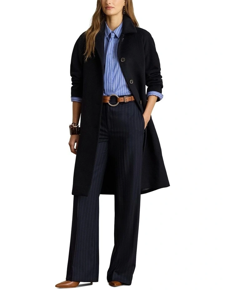 Belted Wool-Blend Coat in Navy image 3
