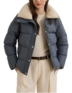 Faux-Shearling-Trim Chambray Puffer Coat in Blue