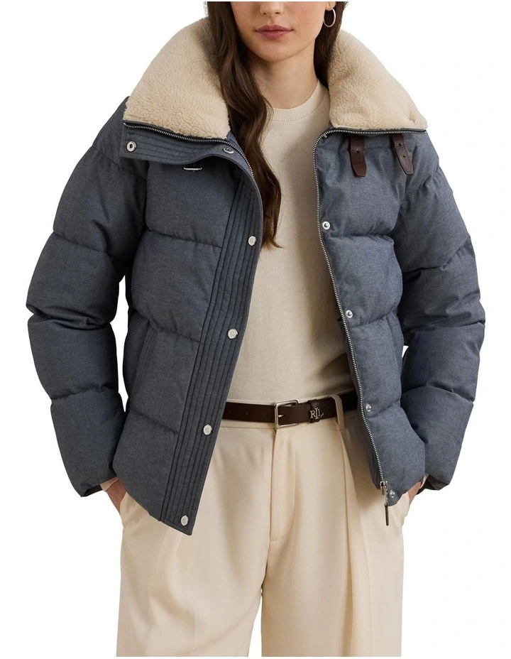 Faux-Shearling-Trim Chambray Puffer Coat in Blue image 1