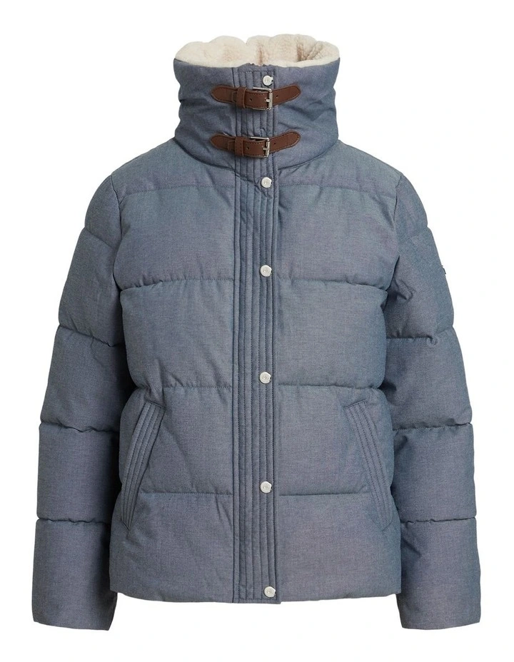 Faux-Shearling-Trim Chambray Puffer Coat in Blue image 4