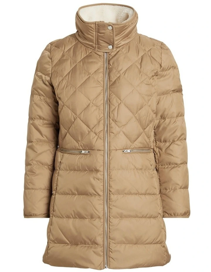 Faux-Shearling-Trim Quilted Down Coat in Beige image 1