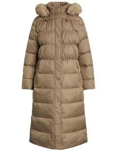 Faux-Fur-Trim Hooded Down Coat in Brown