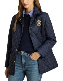 Crest-Patch Diamond-Quilted Jacket in Navy