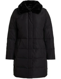 Faux-Fur-Trim Down Coat in Black