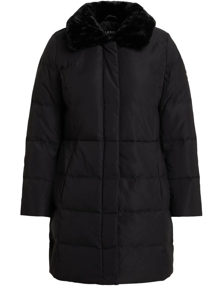 Faux-Fur-Trim Down Coat in Black image 1