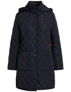Hooded Diamond-Quilted Coat in Navy
