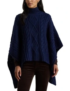 Button-Trim Cable-Knit Mockneck Poncho in Navy