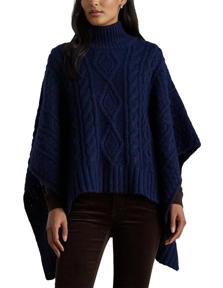 Button-Trim Cable-Knit Mockneck Poncho in Navy image 1