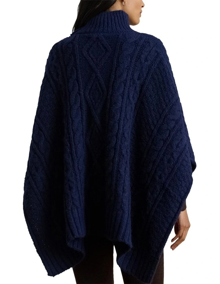 Button-Trim Cable-Knit Mockneck Poncho in Navy image 2