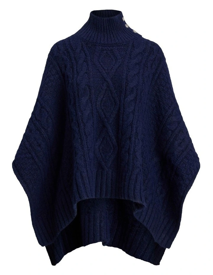 Button-Trim Cable-Knit Mockneck Poncho in Navy image 4
