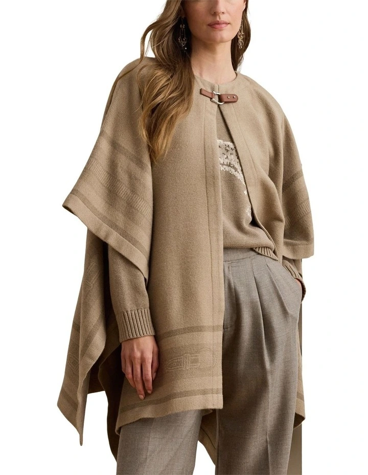 Buckle Trim Belting Motif Jacquard Ruana in Brown image 1