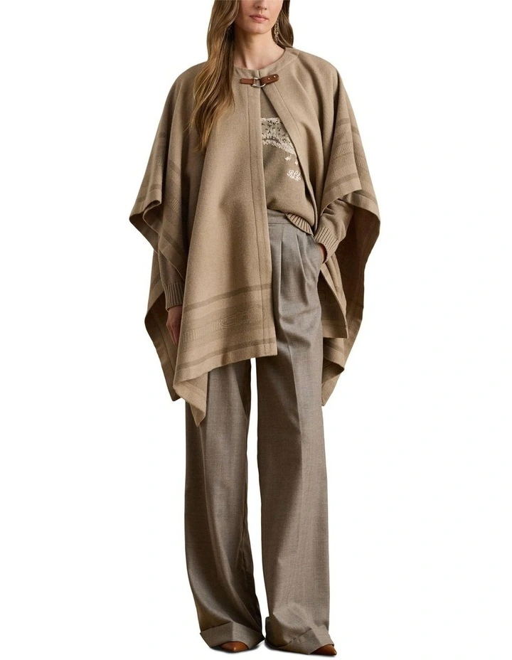 Buckle Trim Belting Motif Jacquard Ruana in Brown image 3