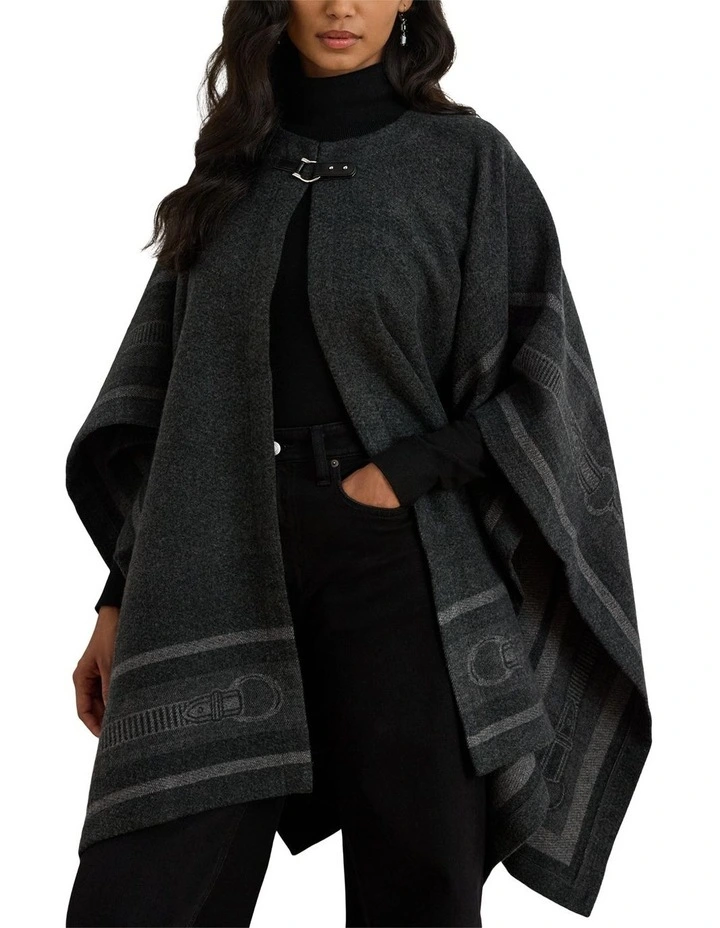 Buckle-Trim Belting-Motif Jacquard Ruana in Black image 1