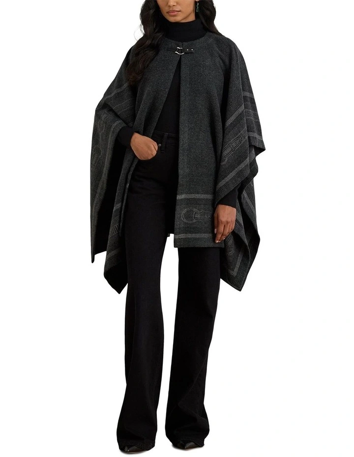 Buckle-Trim Belting-Motif Jacquard Ruana in Black image 3