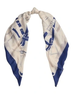 Belting-Print Wool-Silk Square Scarf in Natural