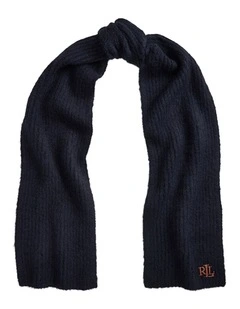 Leather Trim Rib Knit Scarf in Navy