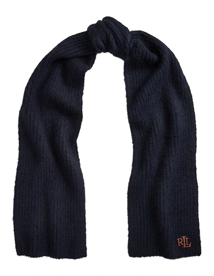 Leather Trim Rib Knit Scarf in Navy image 1