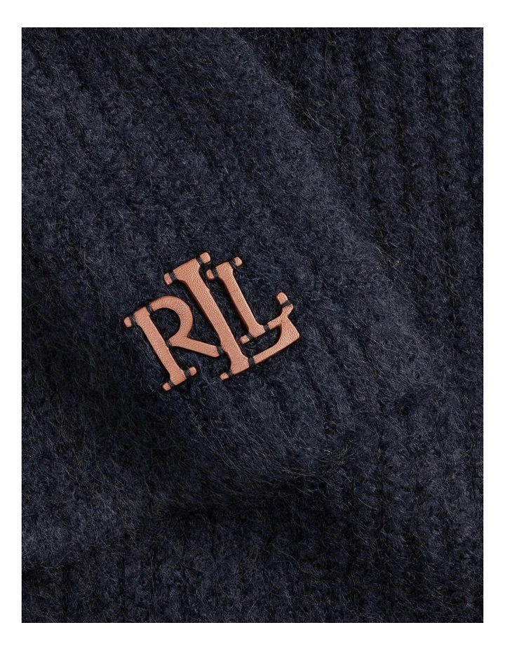 Leather Trim Rib Knit Scarf in Navy image 3